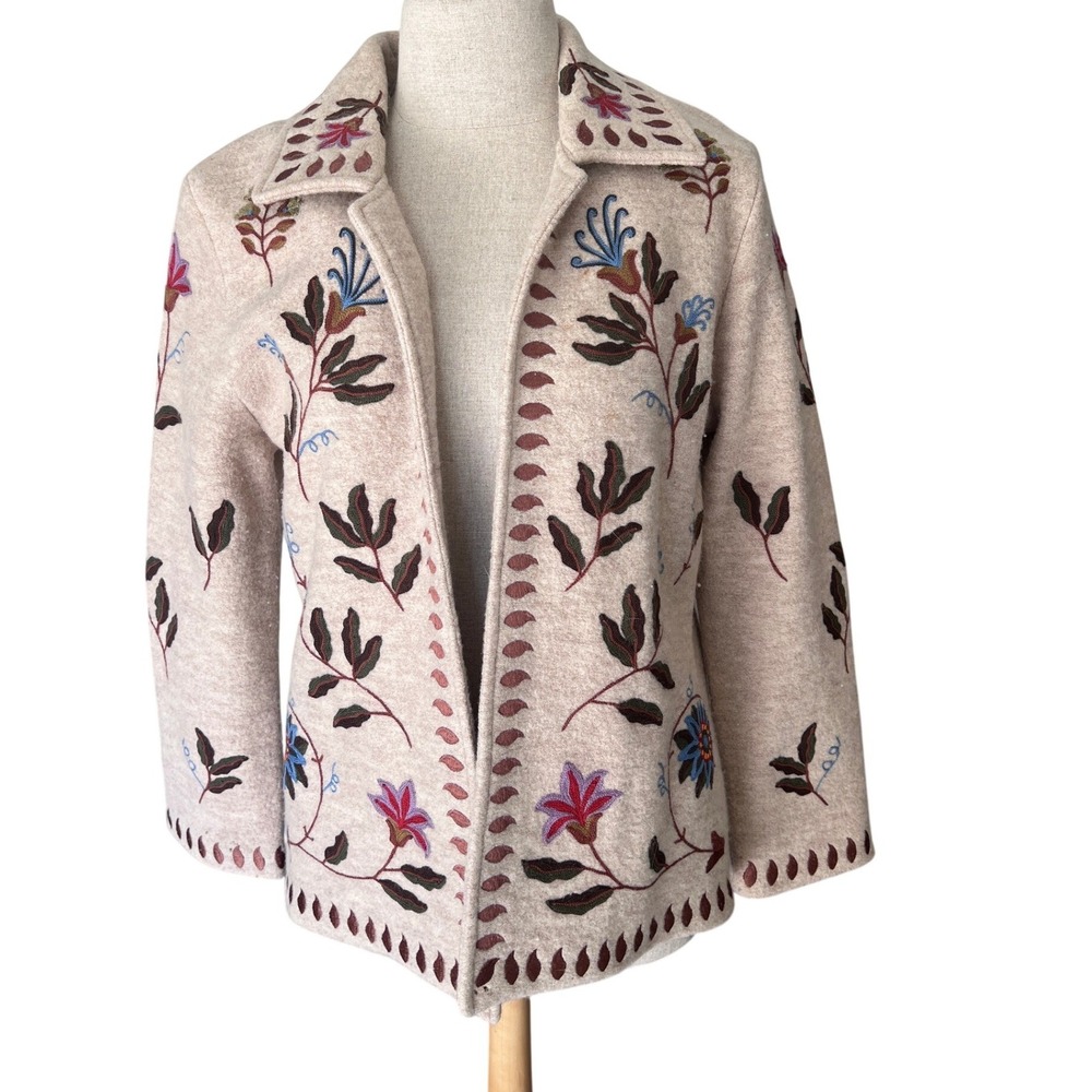 Doncaster Boiled Wool Jacket S Beige Floral Embroidered Boho Cottage Folk Artsy